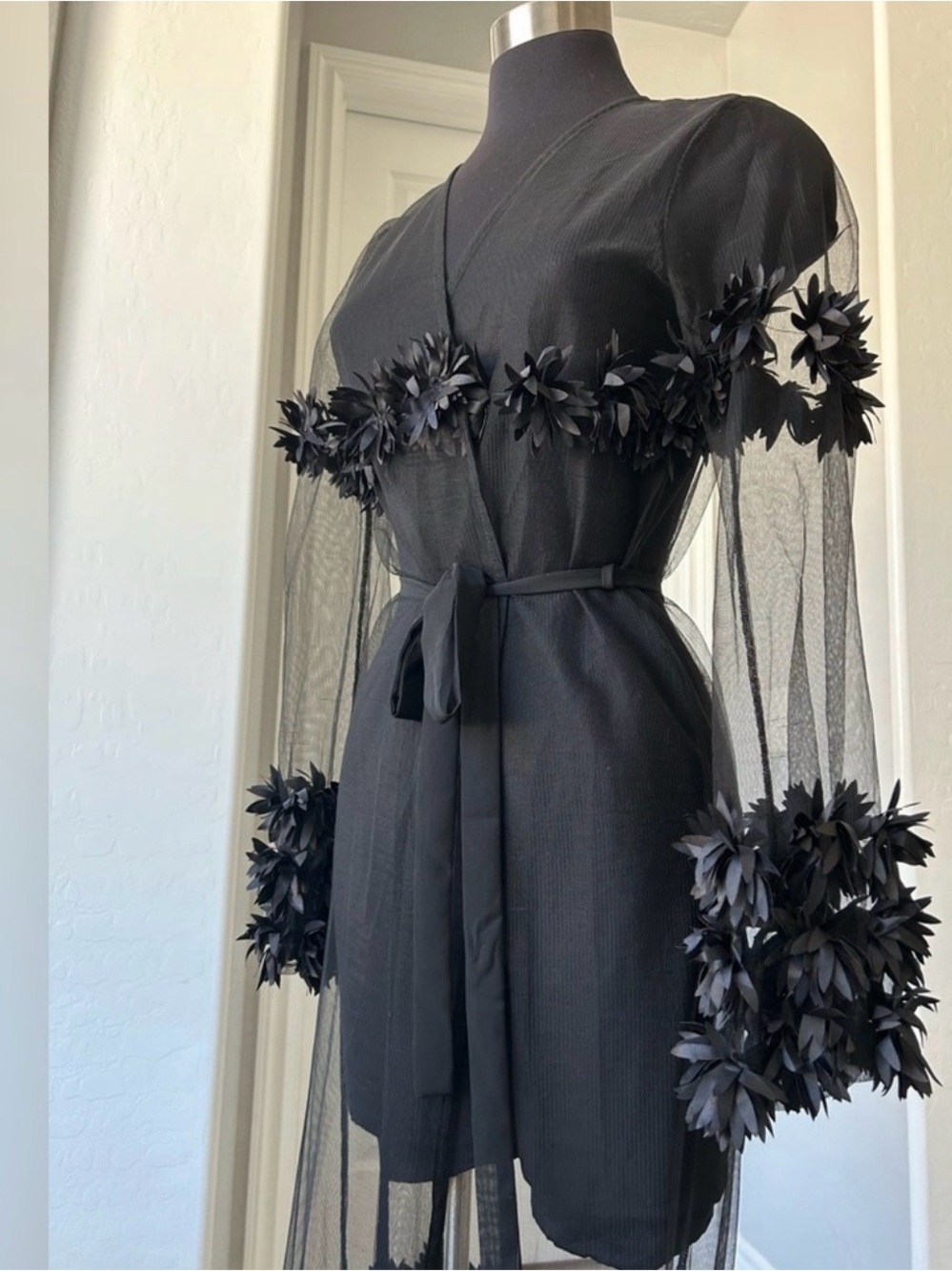 Sheer Black Long-Sleeve Floral-Appliqué Wrap Coat
